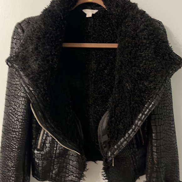 Luxury Chic Croc Print Faux Leather Moto Jacket Sherpa Trimmed/Lined XS Black - Picture 5 of 10